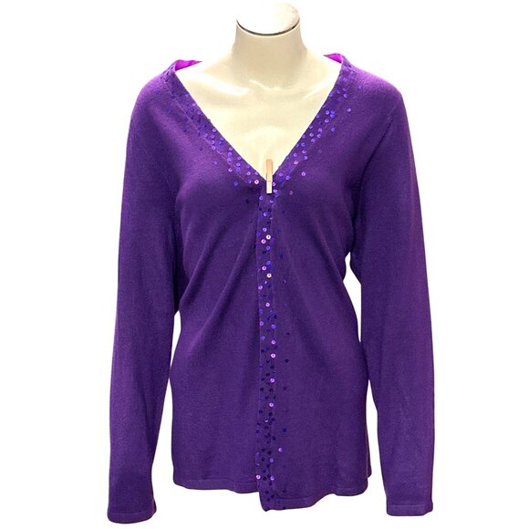 CCC Detailed Purple Sequined Long Sleeve 1990s Vintage Knit Cardigan Size Medium - Picture 1 of 8
